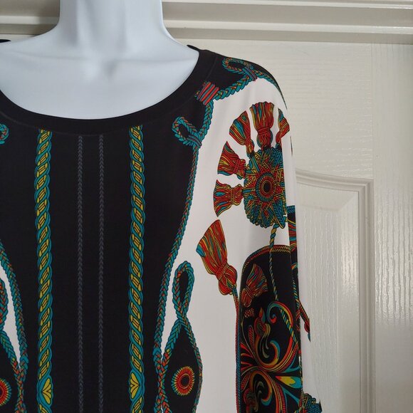Eva Varro Colorful Ornate Chain Tassel Print Maximalist Dolman Cruise Wear Top M - Picture 4 of 14